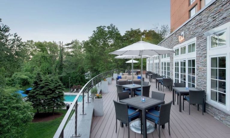 Hotel terrace seating at Boston Marriott Burlington.