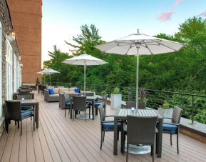 Outdoor seating and garden at Boston Marriott Burlington.