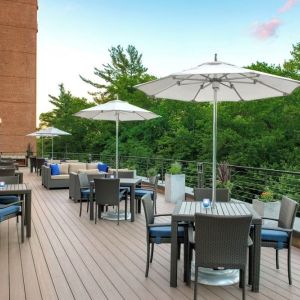 Outdoor seating and garden at Boston Marriott Burlington.