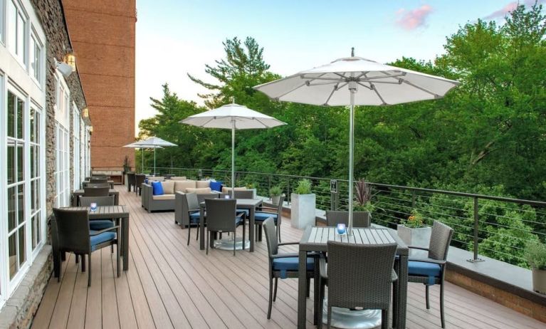 Outdoor seating and garden at Boston Marriott Burlington.