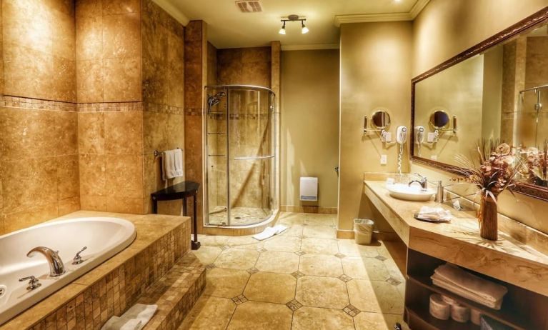 Private guest bathroom with shower and tub at Hotel Brossard.