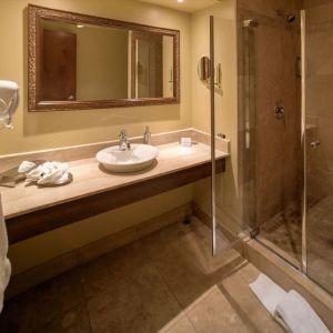 Private guest bathroom with shower and toiletries at Hotel Brossard.