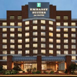 Hotel entrance at the Embassy Suites by Hilton Montreal Airport.