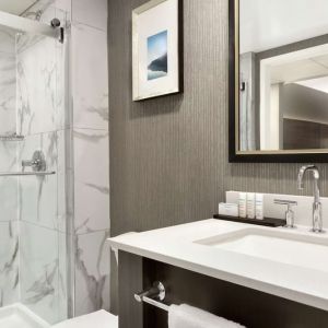 Private bathroom with shower at the Embassy Suites by Hilton Montreal Airport.