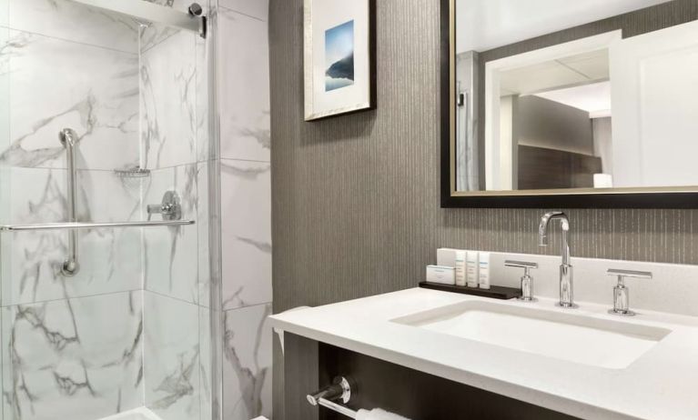 Private bathroom with shower at the Embassy Suites by Hilton Montreal Airport.