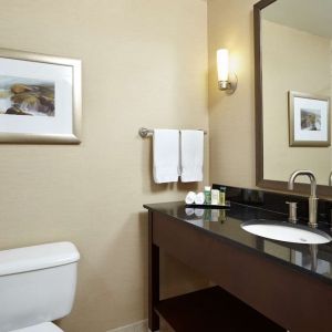 Private bathroom with shower and toiletries at the Hilton Saint John.