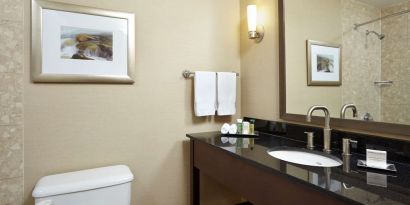 Private bathroom with shower and toiletries at the Hilton Saint John.