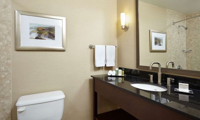 Private bathroom with shower and toiletries at the Hilton Saint John.