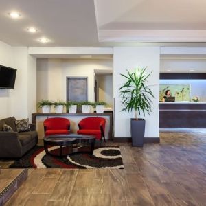 Hotel lobby with lounge area at the Hilton Saint John.