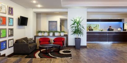 Hotel lobby with lounge area at the Hilton Saint John.