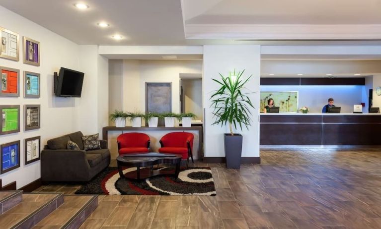 Hotel lobby with lounge area at the Hilton Saint John.