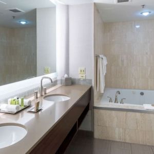 Private bathroom with tub and toiletries at the Hilton Saint John.