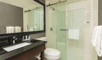 Guest bathroom with shower at Comfort Inn Sudbury East.