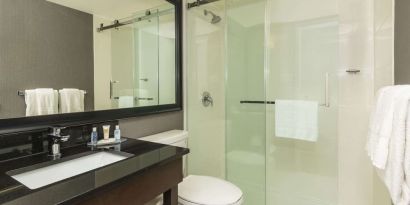 Guest bathroom with shower at Comfort Inn Sudbury East.