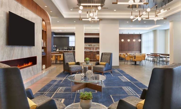 Lobby and coworking lounge at Courtyard By Marriott Kitchener.