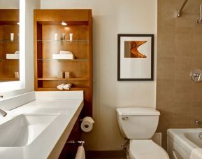 Private guest bathroom with shower and tub at Hilton Mississauga Meadowvale.