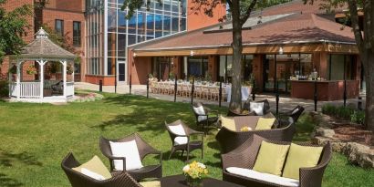 Outdoor patio at Hilton Mississauga Meadowvale.