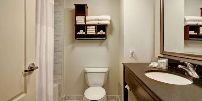 Private guest bathroom with tub at Hampton Inn By Hilton Toronto Airport Corporate Centre.