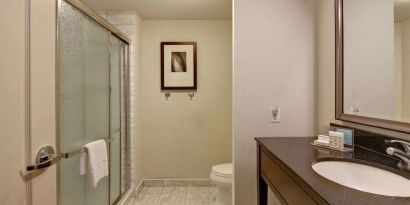 Private guest bathroom with shower at Hampton Inn By Hilton Toronto Airport Corporate Centre.