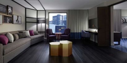 Day use delux suite with living room and workstation at DoubleTree By Hilton Montreal.