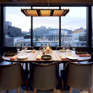 Hotel restaurant with view at DoubleTree By Hilton Montreal.