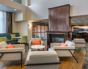 Comfortable hotel lobby perfect for co-working at Hampton Inn & Suites By Hilton Edmonton/West.