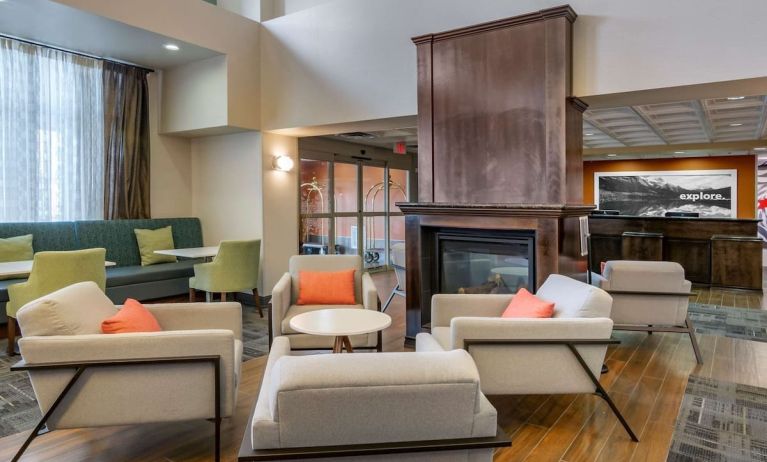 Comfortable hotel lobby perfect for co-working at Hampton Inn & Suites By Hilton Edmonton/West.