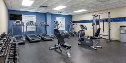 Fully equipped fitness center at Hampton Inn & Suites By Hilton Edmonton/West.