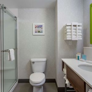 Private guest bathroom with shower and free toiletries at Hampton Inn & Suites By Hilton Edmonton/West.