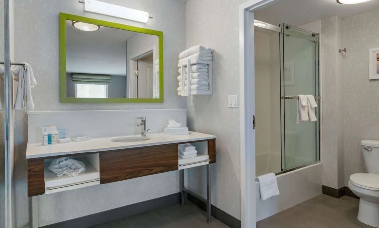 Private bathroom with shower and free toiletries at Hampton Inn & Suites By Hilton Edmonton/West.