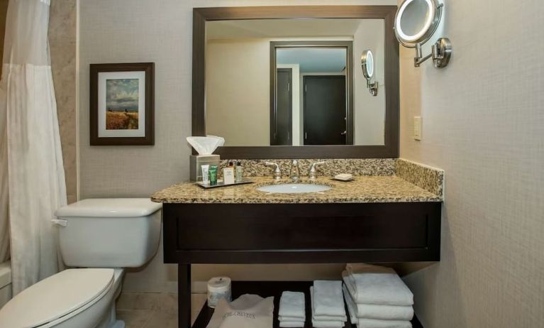 Private bathroom with shower and free toiletries at Hilton Winnipeg Airport Suites.