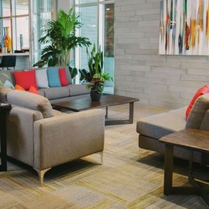 Hotel lobby with comfortable lounge area at the Hilton Garden Inn Fredericton.