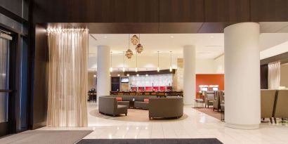 Reception area perfect for coworking at Hilton Albany.
