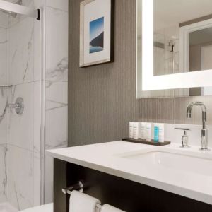 Private guest bathroom with shower and free toiletries at the Embassy Suites By Hilton Toronto Airport.