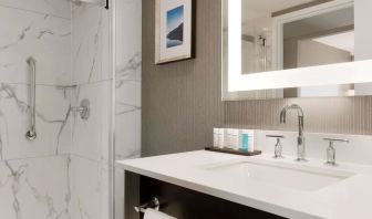 Private guest bathroom with shower and free toiletries at the Embassy Suites By Hilton Toronto Airport.