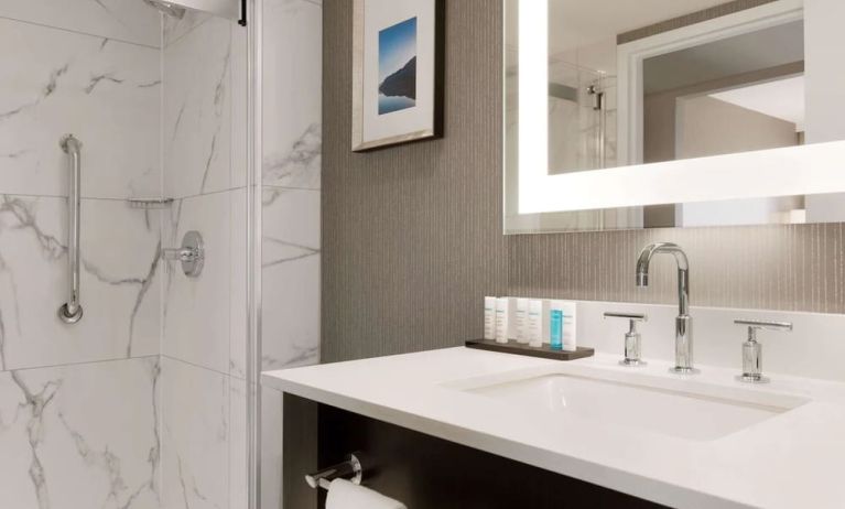 Private guest bathroom with shower and free toiletries at the Embassy Suites By Hilton Toronto Airport.