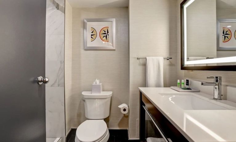 Private guest bathroom with shower and free toiletries at the Four Points By Sheraton St Catharines Niagara Suites. 