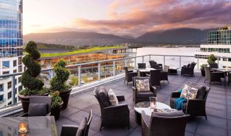 Hotel terrace with comfortable seating perfect for co-working at the Fairmont Waterfront.