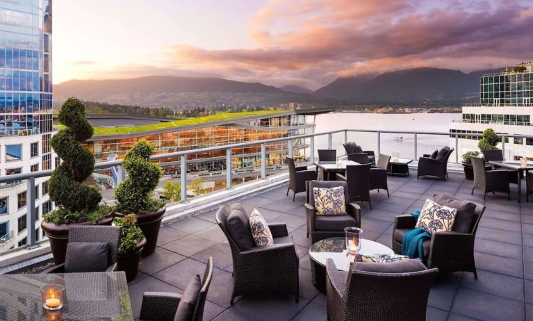 Hotel terrace with comfortable seating perfect for co-working at the Fairmont Waterfront.