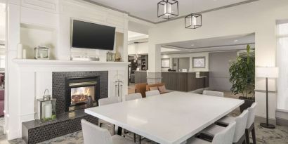 Lobby and coworking lounge at Hilton Garden Inn Boca Raton.