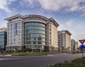 Hotel exterior at Radisson Blu Hotel Dubai Media City.