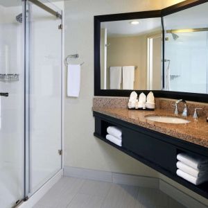 Guest bathroom with shower at Embassy Suites By Hilton LAX Airport North.