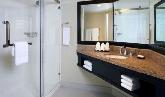 Guest bathroom with shower at Embassy Suites By Hilton LAX Airport North.