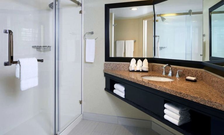 Guest bathroom with shower at Embassy Suites By Hilton LAX Airport North.