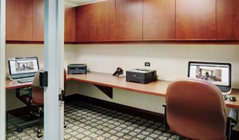 Business center with computers, printers and ergonomic chairs at Staybridge Suites Oakville-Burlington.