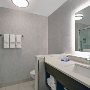 Private guest bathroom with shower and free toiletries at Holiday Inn Express Kingston West.