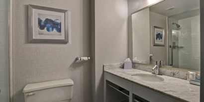 Private guest bathroom with shower and free toiletries at Four Points By Sheraton Toronto Mississauga.