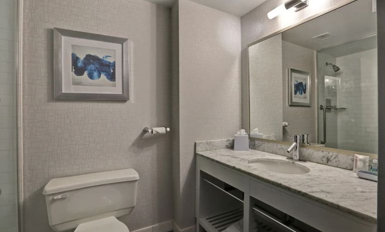 Private guest bathroom with shower and free toiletries at Four Points By Sheraton Toronto Mississauga.