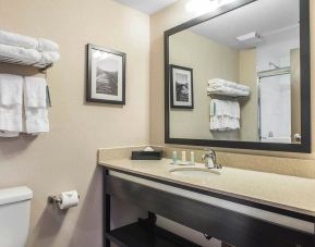 Guest bathroom with shower and free toiletries at Quality Inn & Suites Kingston.