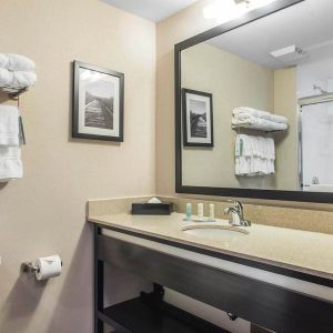 Guest bathroom with shower and free toiletries at Quality Inn & Suites Kingston.